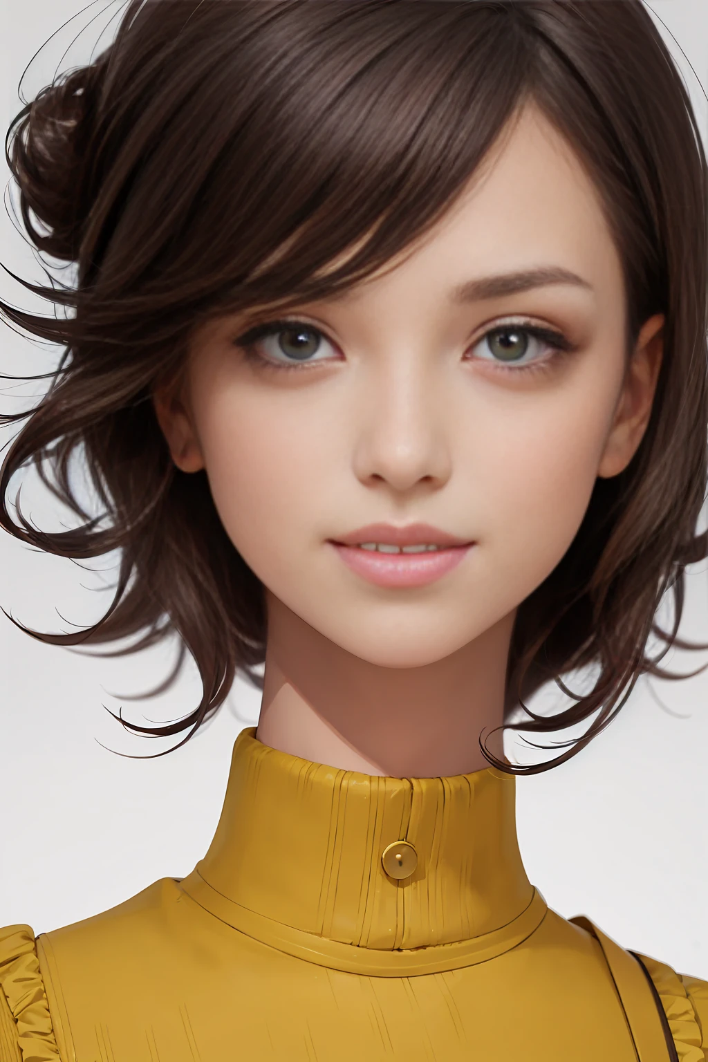 1 girl, realist, standing, Photo, Beautiful yellow blouse, mini skirt, Looking beyond the viewer, female, SMILE, Photorealism, fashion design, simple white background, (Perfect face:1.4), model, Vogue magazine cover