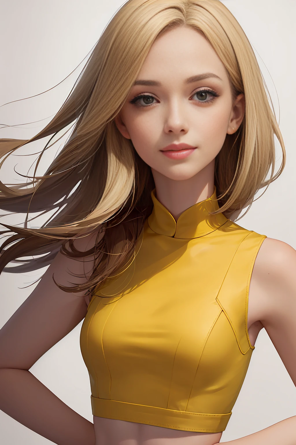 1 girl, realist, standing, Photo, Beautiful yellow blouse, mini skirt, Looking beyond the viewer, female, SMILE, Photorealism, fashion design, simple white background, (Perfect face:1.4), model, Vogue magazine cover