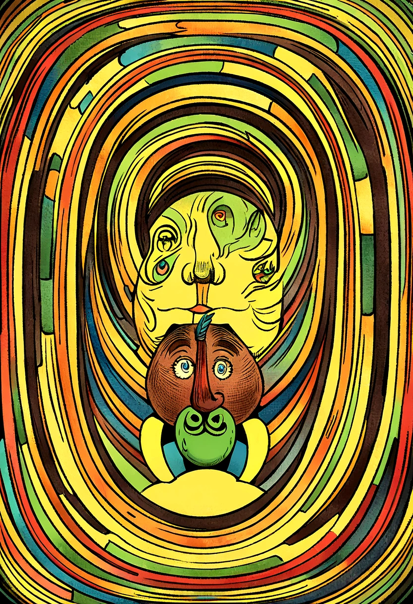 stylized vector art vintage illustration, mutant funny, "multi eyes Pac-man bear", on a floating rubber driping chocolate-avocado-cookie, while his drinking coffee, grainy, noisy static effect, vibrant bold bright holographic color, , fine art rendering, smooth and clean vector curves, no jagged lines, art by Charles Burns