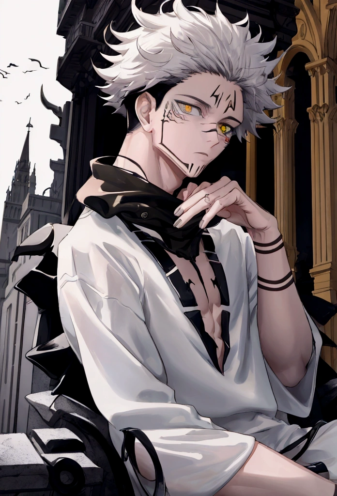 homen,strong muscular, White hair, best qualityer,open chest vest, blue and black clothes, Dragon Wings, black and blue dragon horns, black cloth on face,