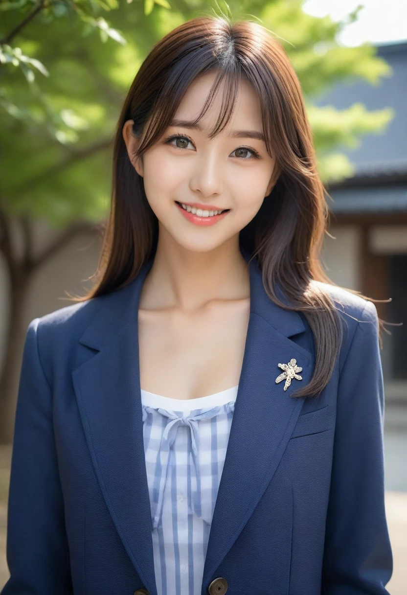 8K, Ultra-high resolution, Highest quality, masterpiece, 三分割法によるphotograph,Surreal, photograph, 1 Girl, (:1.3), pretty girl, Cute face, Beautiful eyes in every detail, 細かくdetailedに,masterpiece,, One Girl:1.2, Japan Female Announcer、Cowboy Shot,((very small head:1.3)),Center-parted bangs,amount,Black Hair,Long Hair,Iris,Gorgeous eyes,smile,((Toned body,Slender body,skinny)),(school uniform、Dark blue blazer jacket、Navy blue tie、Grey plaid pleated mini skirt),Glowing Skin,Shiny skin,Urban area,street tree,Full of sex appeal,Sensual,屈託のないsmile,Heal the heart,Looking at the audience、beauty,Long neck、Laugh a little、Please close your mouth and laugh、(((Ideal body type))),A cup small breasts :2,、Portraiture:2、Perfect Anatomy、鮮明なdetailed、detailed、Surreal、Light and shadow,Strong light
