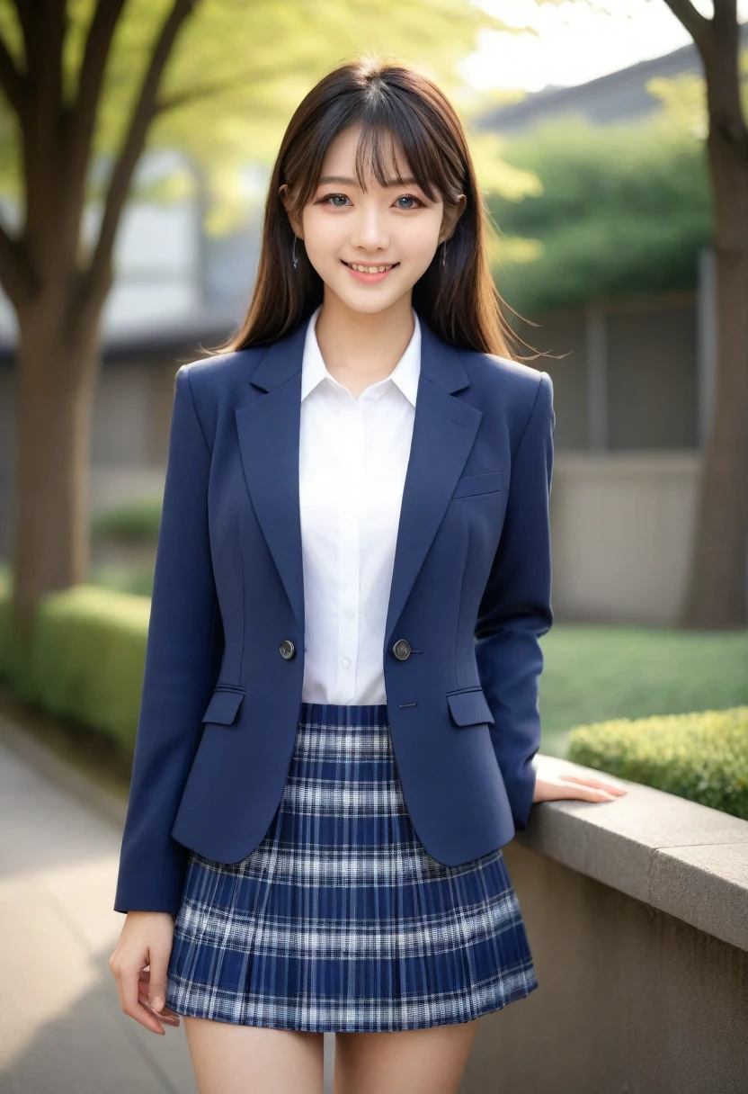 8K, Ultra-high resolution, Highest quality, masterpiece, 三分割法によるphotograph,Surreal, photograph, 1 Girl, (16 years old:1.3), pretty girl, Cute face, Beautiful eyes in every detail, 細かくdetailedに,masterpiece,, One Girl:1.2, Japan Female Announcer、Cowboy Shot,((very small head:1.3)),Center-parted bangs,amount,Black Hair,Long Hair,Iris,Gorgeous eyes,smile,((Toned body,Slender body,skinny)),(school uniform、Dark blue blazer jacket、Navy blue tie、Grey plaid pleated mini skirt),Glowing Skin,Shiny skin,Urban area,street tree,Full of sex appeal,Sensual,屈託のないsmile,Heal the heart,Looking at the audience、beauty,Long neck、Laugh a little、Please close your mouth and laugh、(((Ideal body type))),A cup small breasts :2,、Portraiture:2、Perfect ???????、鮮明なdetailed、detailed、Surreal、Light and shadow,Strong light