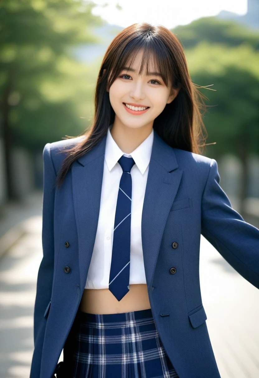 8K, Ultra-high resolution, Highest quality, masterpiece, 三分割法によるphotograph,Surreal, photograph, 1 Girl, (16 years old:1.3), pretty girl, Cute face, Beautiful eyes in every detail, 細かくdetailedに,masterpiece,, One Girl:1.2, Japan Female Announcer、Cowboy Shot,((very small head:1.3)),Center-parted bangs,amount,Black Hair,Long Hair,Iris,Gorgeous eyes,smile,((Toned body,Slender body,skinny)),(school uniform、Dark blue blazer jacket、Navy blue tie、Grey plaid pleated mini skirt),Glowing Skin,Shiny skin,Urban area,street tree,Full of sex appeal,Sensual,屈託のないsmile,Heal the heart,Looking at the audience、beauty,Long neck、Laugh a little、Please close your mouth and laugh、(((Ideal body type))),A cup small breasts :2,、Portraiture:2、Perfect Anatomy、鮮明なdetailed、detailed、Surreal、Light and shadow,Strong light