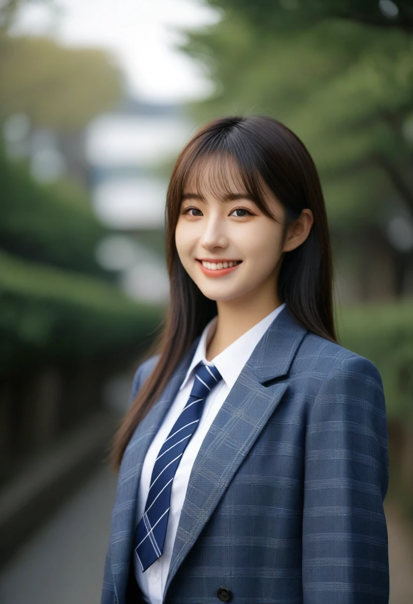 8K, Ultra-high resolution, Highest quality, masterpiece, 三分割法によるphotograph,Surreal, photograph, 1 Girl, (:1.3), pretty girl, Cute face, Beautiful eyes in every detail, 細かくdetailedに,masterpiece,, One Girl:1.2, Japan Female Announcer、Cowboy Shot,((very small head:1.3)),Center-parted bangs,amount,Black Hair,Long Hair,Iris,Gorgeous eyes,smile,((Toned body,Slender body,skinny)),(school uniform、Dark blue blazer jacket、Navy blue tie、Grey plaid pleated mini skirt),Glowing Skin,Shiny skin,Urban area,street tree,Full of sex appeal,Sensual,屈託のないsmile,Heal the heart,Looking at the audience、beauty,Long neck、Laugh a little、Please close your mouth and laugh、(((Ideal body type))),A cup small breasts :2,、Portraiture:2、Perfect Anatomy、鮮明なdetailed、detailed、Surreal、Light and shadow,Strong light
