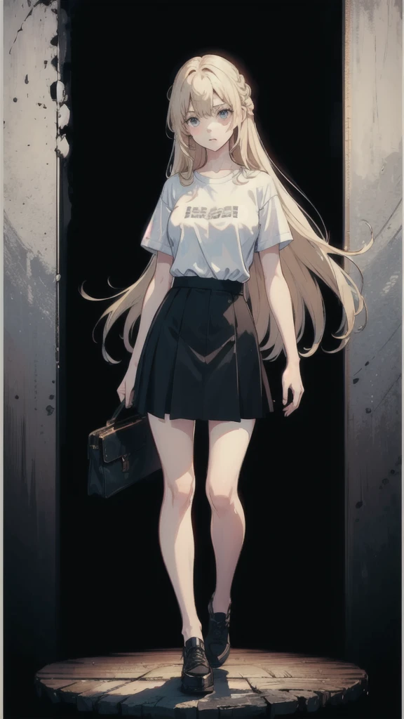 ((best quality)), ((masterpiece)), (detailed), one girl with long blond hair, normal standing pose, white t-shirt, black skirt, whole body in image scale