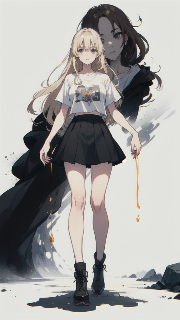 ((best quality)), ((masterpiece)), (detailed), one girl with long blond hair, normal standing pose, white t-shirt, black skirt, whole body in image scale
