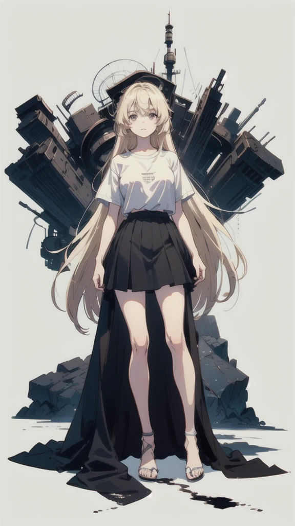 ((best quality)), ((masterpiece)), (detailed), one girl with long blond hair, normal standing pose, white t-shirt, black skirt, whole body in image scale