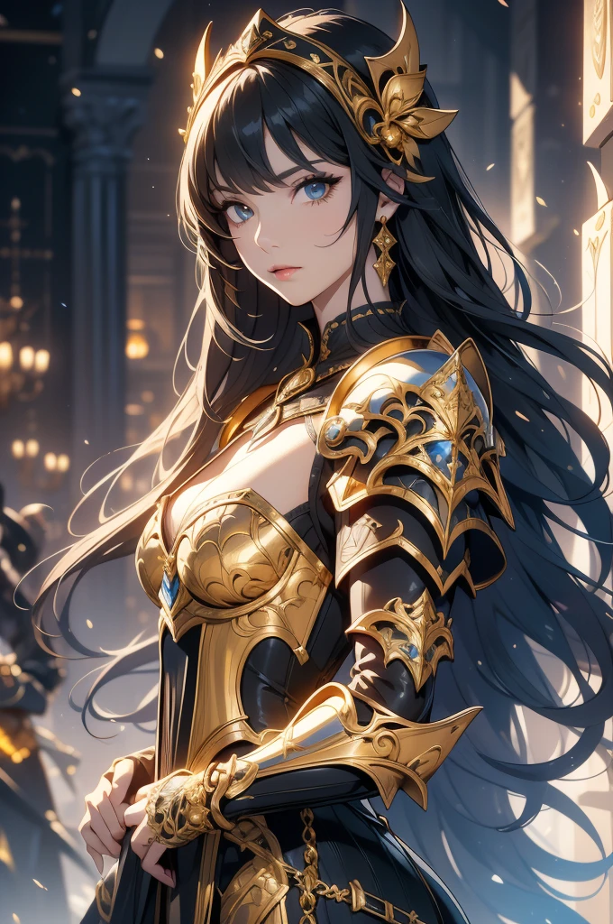 a close up of a woman in armor with a sword, stunning armor, wearing fantasy armor, very stylish fantasy armor, gold heavy armor. dramatic, beautiful armor, fantasy armor, black and gold armor, gothic armor, wearing ornate armor, intricate armour costumes, female armor, ornate gothic armor, ornate , wearing louis vuitton armor, girl in knight armor