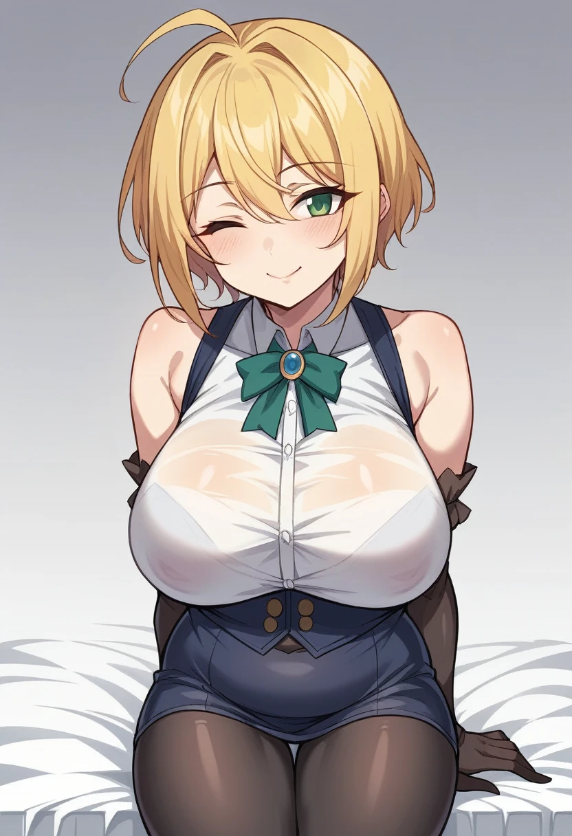 （One girl）、(short hair)、(sidelock)、((Blonde))、Princess Connect、((boyish))、huge breasts、Chubby、(beautiful girl)、[Big thighs]、Green Eyes、(Healer)、Black Vest、black leggings、White sleeveless、[hairs between eyes]、(long gloves)、closed mouth、wink、((see-through))、arm behind back