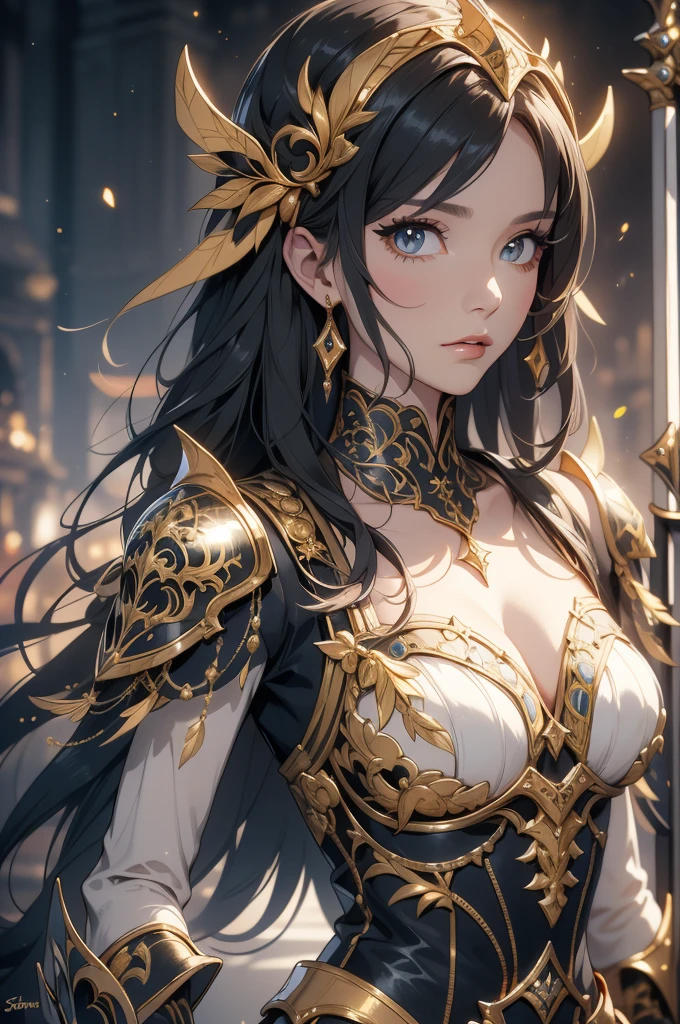 a close up of a woman in armor with a sword, stunning armor, wearing fantasy armor, very stylish fantasy armor, gold heavy armor. dramatic, beautiful armor, fantasy armor, black and gold armor, gothic armor, wearing ornate armor, intricate armour costumes, female armor, ornate gothic armor, ornate , wearing louis vuitton armor, girl in knight armor