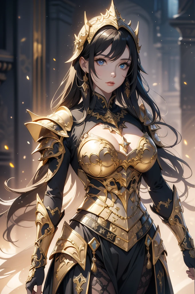 a close up of a woman in armor with a sword, stunning armor, wearing fantasy armor, very stylish fantasy armor, gold heavy armor. dramatic, beautiful armor, fantasy armor, black and gold armor, gothic armor, wearing ornate armor, intricate armour costumes, female armor, ornate gothic armor, ornate , wearing louis vuitton armor, girl in knight armor