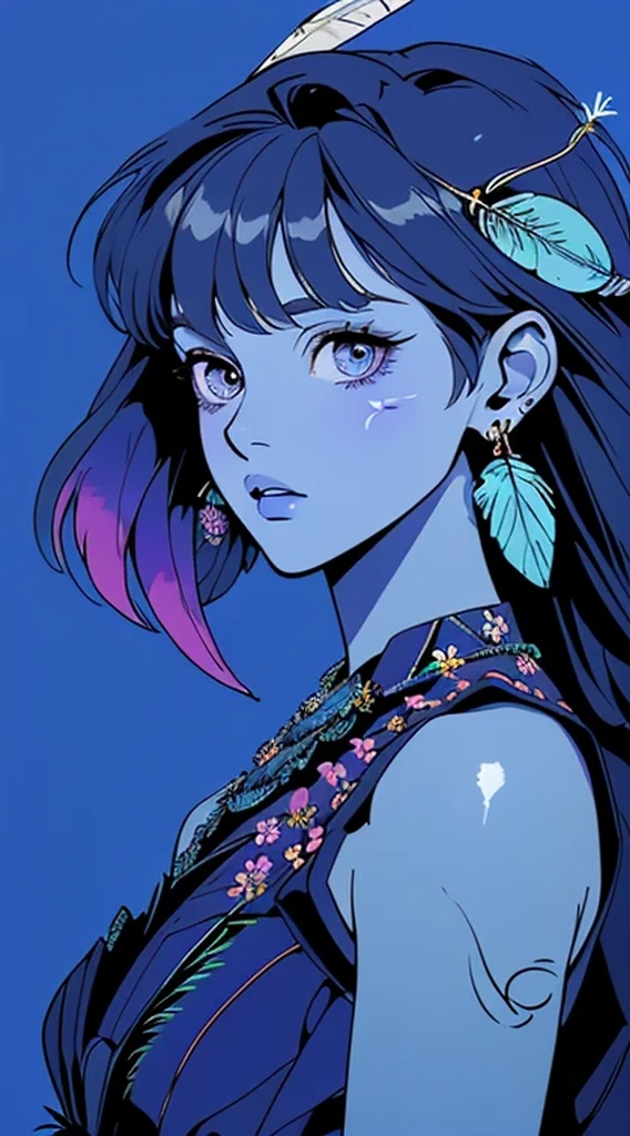  アニメ, the 90s(work of art, maximum quality, best qualityer, offcial art, beautiful and aesthetic:1.2), (1 girl:1.3), very detailled,(Fractal Art:1.1),(rich and colorful:1.1)(flowers:1.3),the most detailed,(tangle:1.2), all-body, (blue background:1.3), (shining skin), (many colors:1.4), ,(aretes), (plume:1.5), russet hair