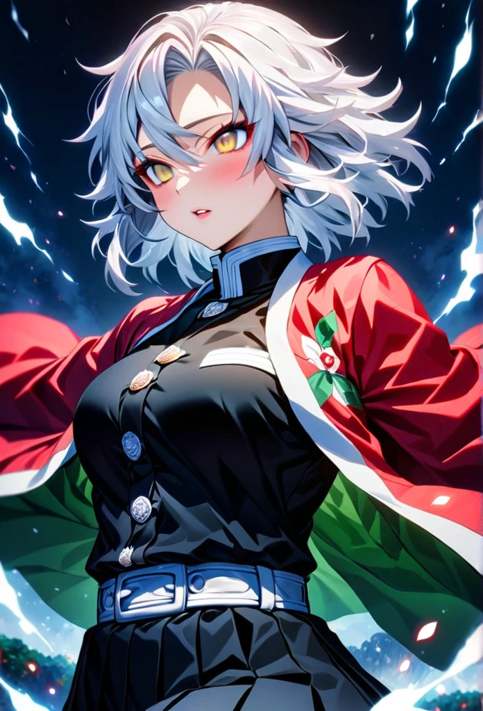 Ultra detailed, high resolution, absurd, HDR, masterpiece, anime girl and boy, beautiful woman (with long white hair with deep red streaks, woman (with yellow eyes), the woman (is wearing a red haori), in black demon slayer corps uniform, Kimetsu No Yaiba, fantasy, handsome, Tomioka Giyu, Hashira, Tomioka is serious, couple, night, forest, best quality, extremely detailed face, anime, the girl is really hurt, the girl is covered in blood , Tomioka is a strong man , Tomioka is trying to protect the pretty girl, both are fighting and trying to survive