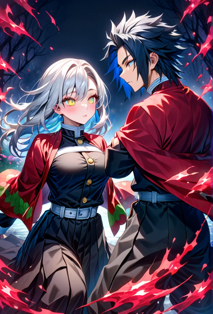 Ultra detailed, high resolution, absurd, HDR, masterpiece, anime girl and boy, beautiful woman (with long white hair with deep red streaks, woman (with yellow eyes), the woman (is wearing a red haori), in black demon slayer corps uniform, Kimetsu No Yaiba, fantasy, handsome, Tomioka Giyu, Hashira, Tomioka is serious, couple, night, forest, best quality, extremely detailed face, anime, the girl is really hurt, the girl is covered in blood , Tomioka is a strong man , Tomioka is trying to protect the pretty girl, both are fighting and trying to survive