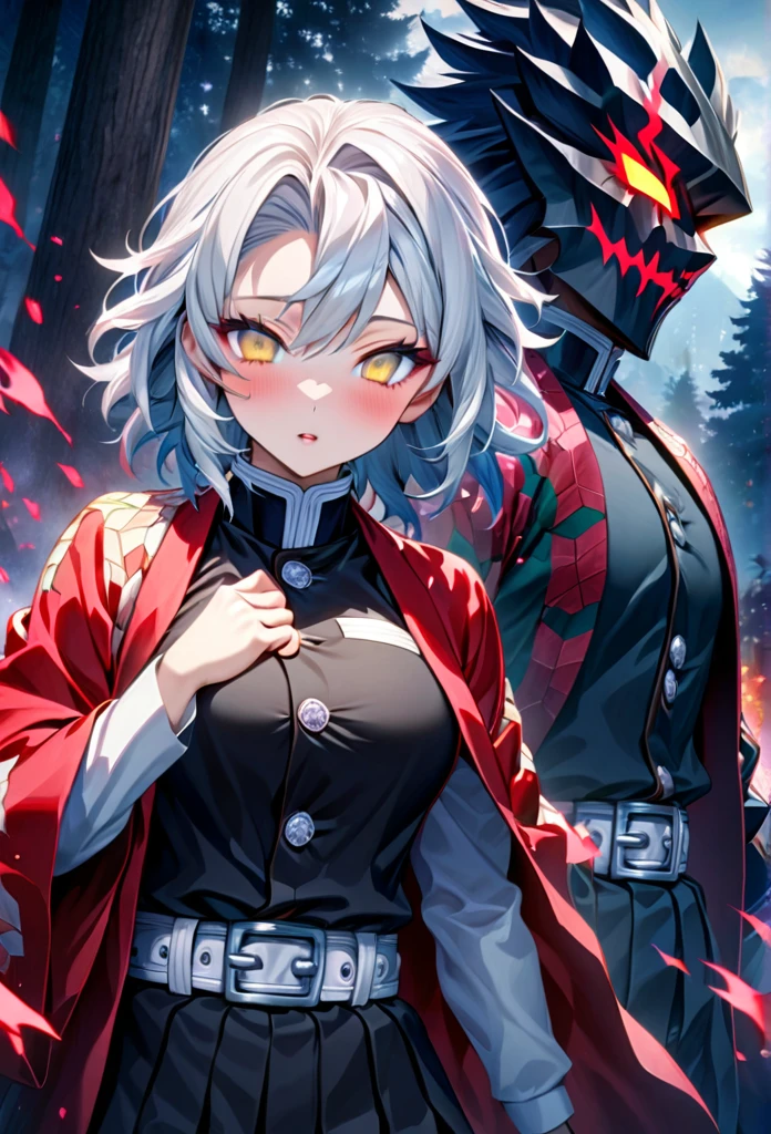 Ultra detailed, high resolution, absurd, HDR, masterpiece, anime girl and boy, beautiful woman (with long white hair with deep red streaks, woman (with yellow eyes), the woman (is wearing a red haori), in black demon slayer corps uniform, Kimetsu No Yaiba, fantasy, handsome, Tomioka Giyu, Hashira, Tomioka is serious, couple, night, forest, best quality, extremely detailed face, anime, the girl is really hurt, the girl is covered in blood , Tomioka is a strong man , Tomioka is trying to protect the pretty girl, both are fighting and trying to survive