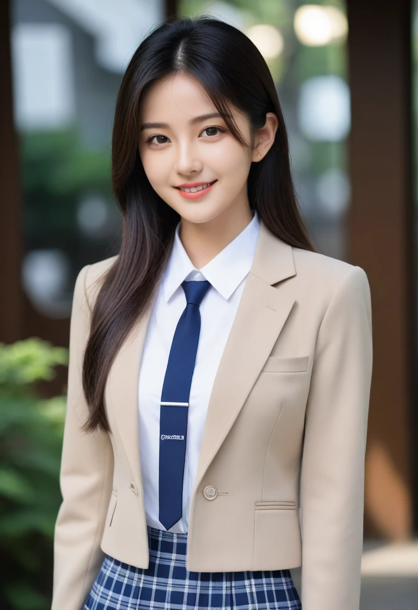 8K, Ultra-high resolution, Highest quality, masterpiece, 三分割法によるphotograph,Surreal, photograph, 1 Girl, (16 years old:1.3), pretty girl, Cute face, Beautiful eyes in every detail, 細かくdetailedに,masterpiece,, One Girl:1.2, Japan Female Announcer、Cowboy Shot,((very small head:1.3)),Center-parted bangs,amount,Black Hair,Long Hair,Iris,Gorgeous eyes,smile,((Toned body,Slender body,skinny)),(school uniform、Dark blue blazer jacket、Navy blue tie、Grey plaid pleated mini skirt),Glowing Skin,Shiny skin,Urban area,street tree,Full of sex appeal,Sensual,屈託のないsmile,Heal the heart,Looking at the audience、beauty,Long neck、Laugh a little、Please close your mouth and laugh、(((Ideal body type))),A cup small breasts :2,、Portraiture:2、Perfect Anatomy、鮮明なdetailed、detailed、Surreal、Light and shadow,Strong light