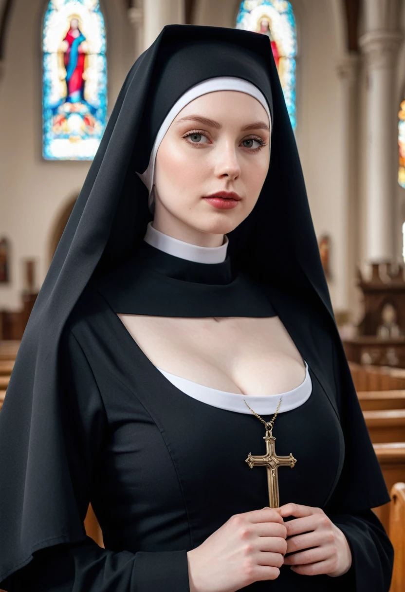  Young woman, pale skin, absolutely beautiful, huge breasts, wide hips, tight nun habit, (church background) (4k image) (highest quality)