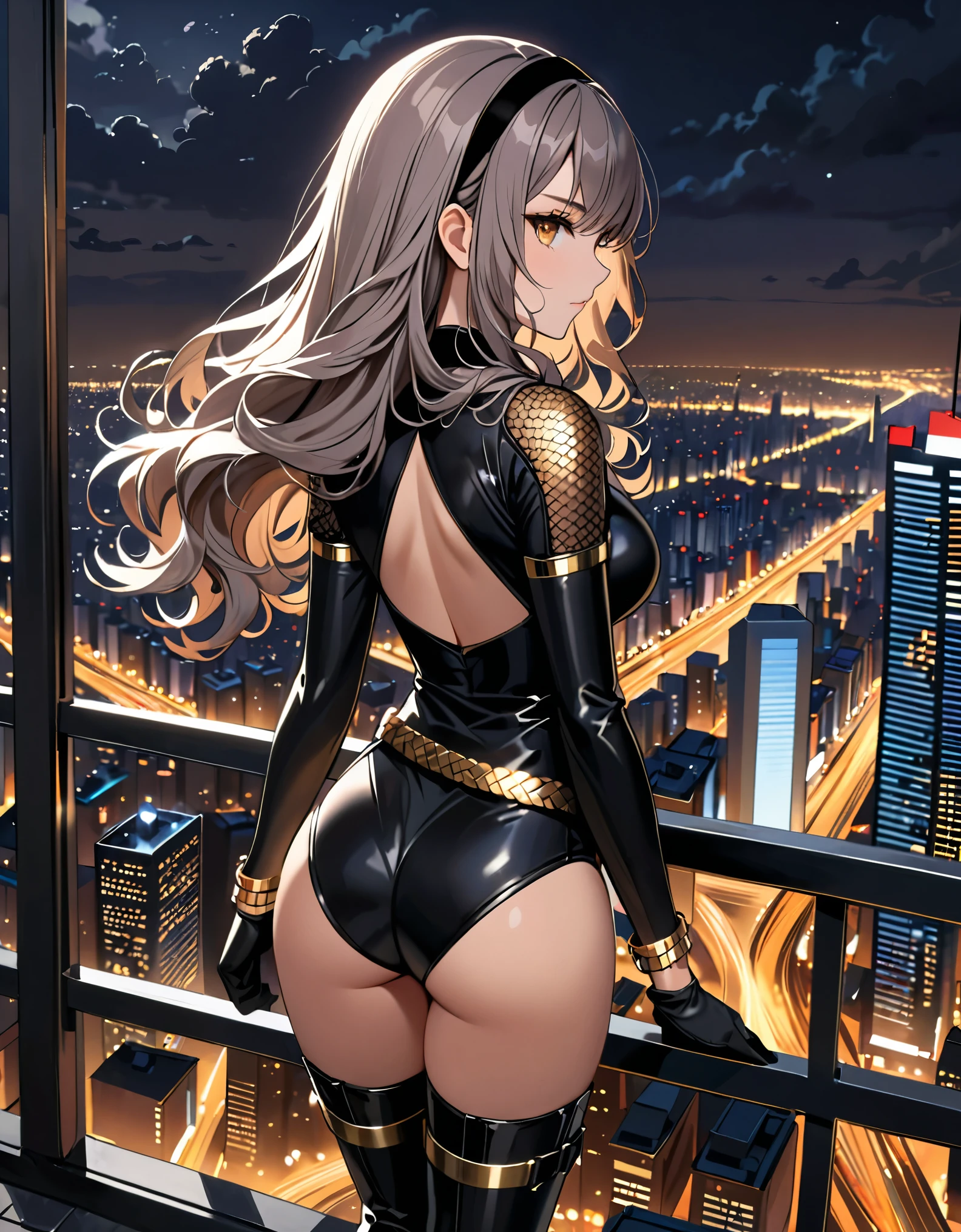 masterpiece, best quality, 1girl, grey hair, shoulder length hair, wavy hair, black hairband, auburn eyes, beautiful detailed eyes, beautiful detailed face, cute face, stoic, professional, ninja, black leotard, black tactical gloves, bare legs, gold bracelets, black thigh-high boots, cityscape, night, noir atmosphere. (back view, rear view), (spins in place like a (tornado), spins like a tornado, (she spins) at an incredible speed, creating a whirlwind of air around her, spiral lines around, cyclone winds around, tornado spinning).