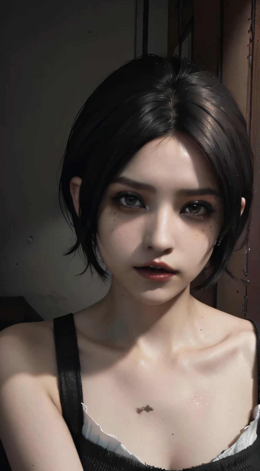 Amazing portrait of a cute goth woman with her short black hair in a bob hairstyle and she's wearing heavy eyeliner around her eyes and she's gazing at you seductively she wears an off shoulder t shirt that is orange and black with black bra straps 