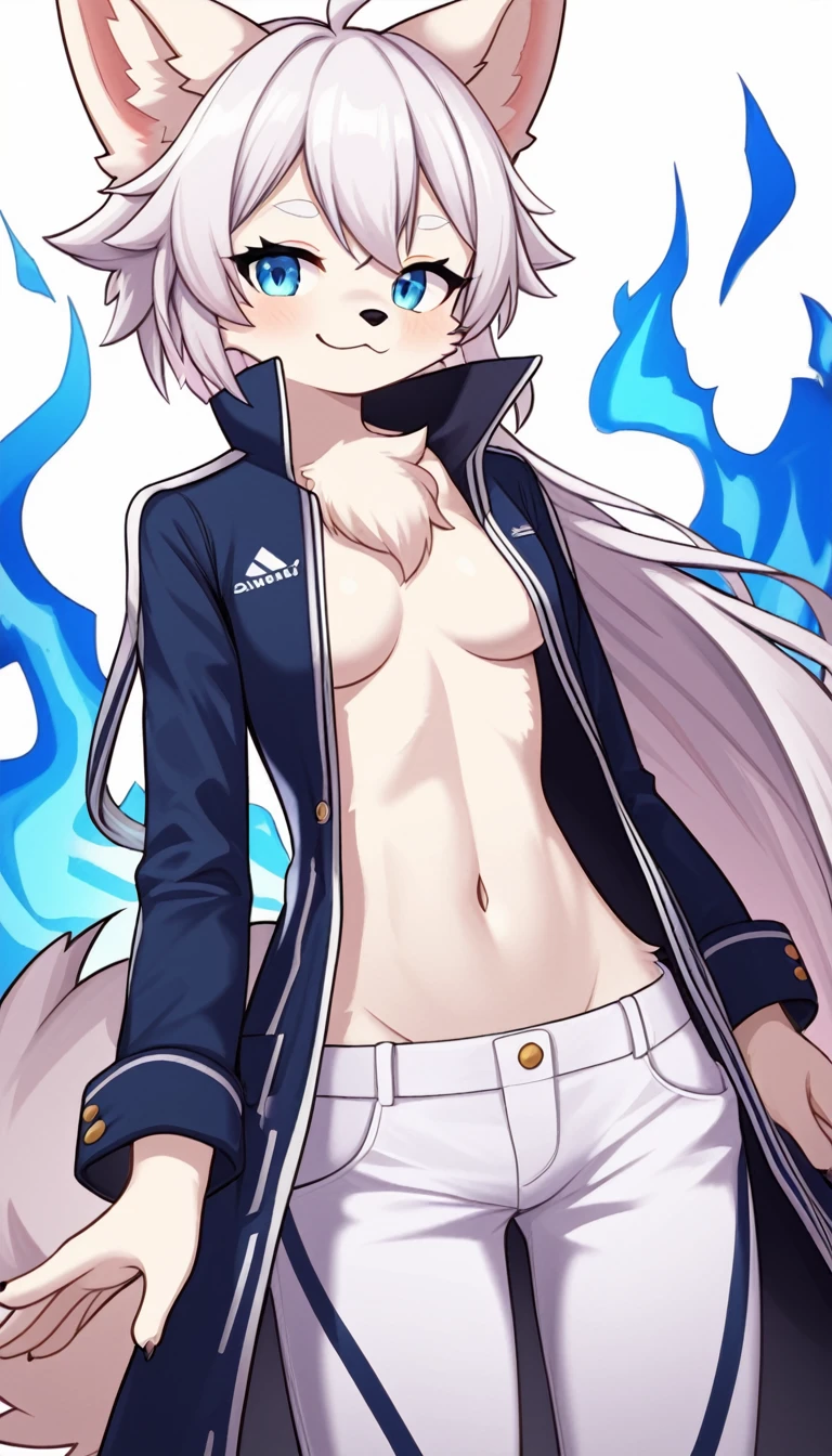 1Boy, has wolf ears, has fluffy wolf tail, has short ice blue hair, has sharp ice blue eyes, give accurate facial features, give accurate hands, accurate legs, has blue kimono, toned abs, HD