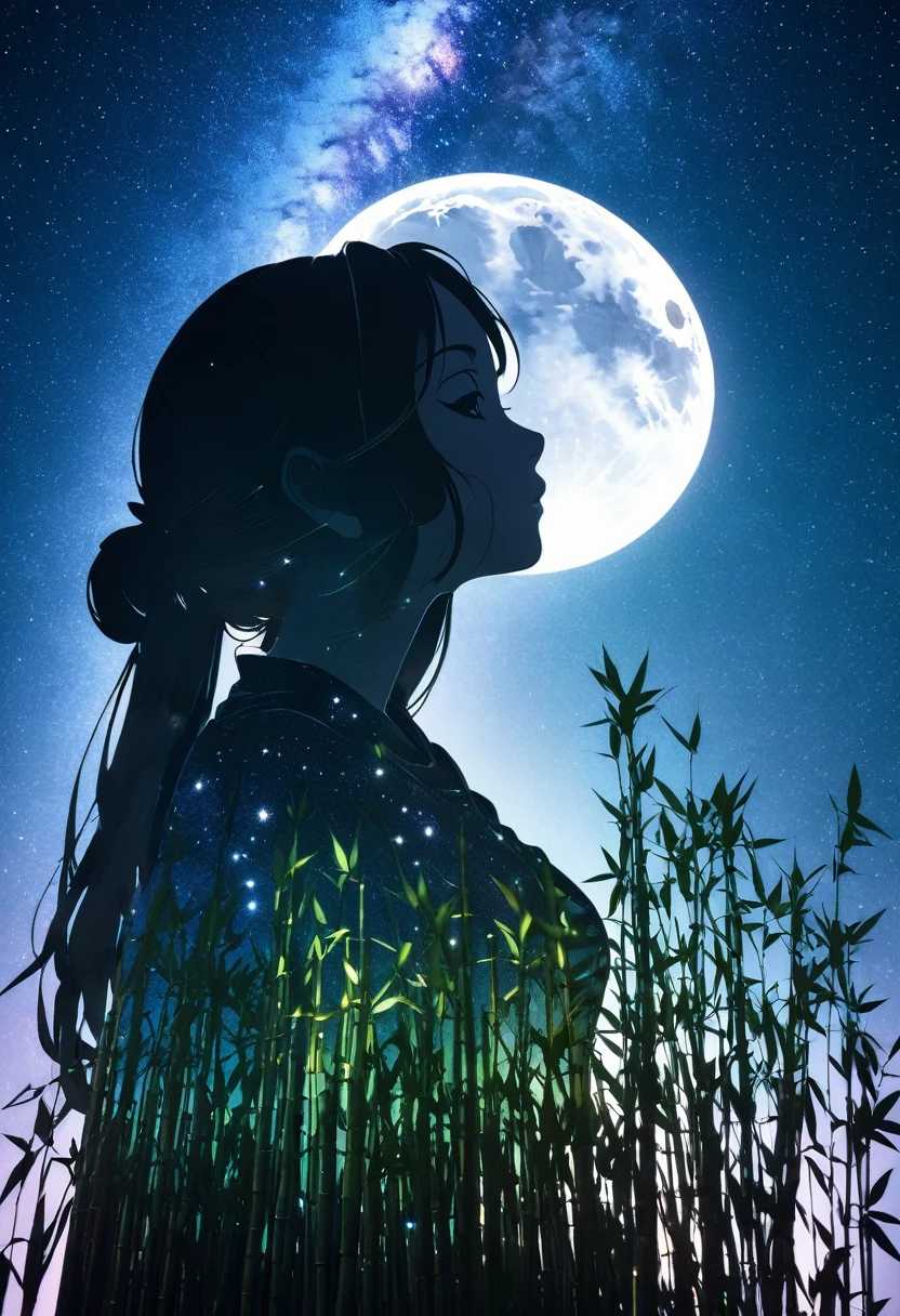  mate piece, silhouette, Milky Way, Orihime's, close-up, profile, monotony, moon, double exposure, Milky Way, bamboo decoration, depth of field, (holographic glow effect), from below, low angle shot, masterpiece,