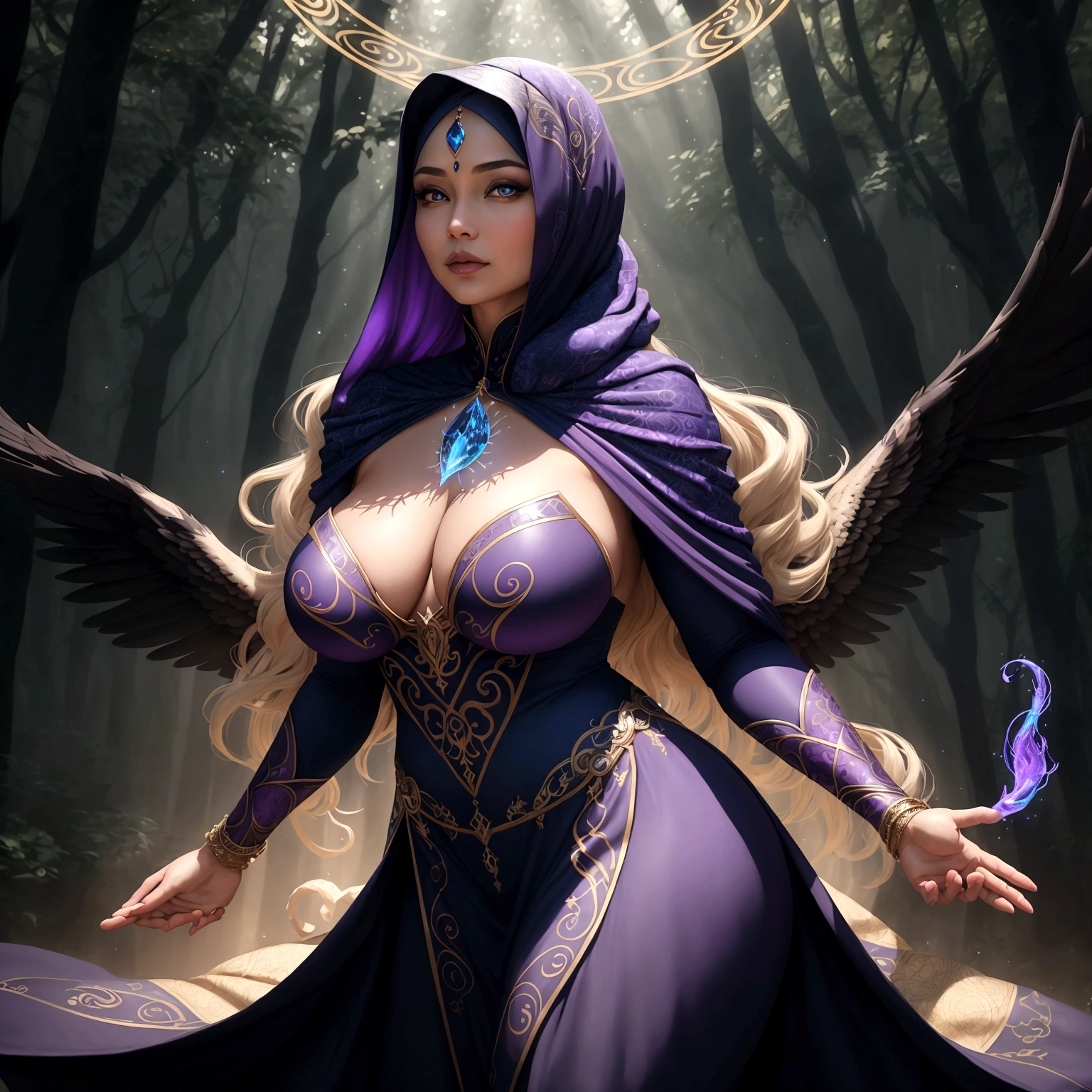 (best quality,4k,highres,masterpiece:1.2),ultra-detailed,(realistic:1.37) A mature curvaceous Malaysian woman with her age at 40, dressed in a hijab that covers all of her hair, is standing in the center of a mystical scene. She is wearing a beautiful silk magic gown that shimmers with an otherworldly glow. The gown flows gracefully around her figure, accentuating her curves and adding an air of elegance to her presence. The woman is a witch, strong and knowledgeable in the mystic arts. She stands confidently with her hands raised, as if channeling her magical powers. Around her, a magic circle adorns the ground with intricate symbols and glowing sigils. The circle is made from a combination of runes and arcana, pulsating with energy in vibrant colors of blues and purples. As the woman continues her summoning, a mythical monster starts to materialize from within the magic circle. The creature is a magnificent being, towering with a majestic presence. Its body is covered in shimmering scales, reflecting the light around it in a mesmerizing display. The creature's form is a combination of various animals, with wings of an eagle, the tail of a serpent, and the head of a lion. The scene is bathed in an ethereal light, reminiscent of moonlight casting an enchanting glow. The soft illumination illuminates the woman's face, revealing a calm and focused expression. Her eyes emit a glimmer of magic, while her lips are curved in determination. The background is an enchanted forest, with towering trees reaching towards the sky. The forest is filled with vibrant foliage, casting shadows and adding layers of depth to the overall composition. The air is filled with an aura of mystery and anticipation, as if the entire world holds its breath in awe of the imminent manifestation. The color palette of the scene is rich and vivid, with deep shades of blues and purples dominating the overall tone. The contrasting warm hues of the woman's gown provide a beautiful balance and creat
