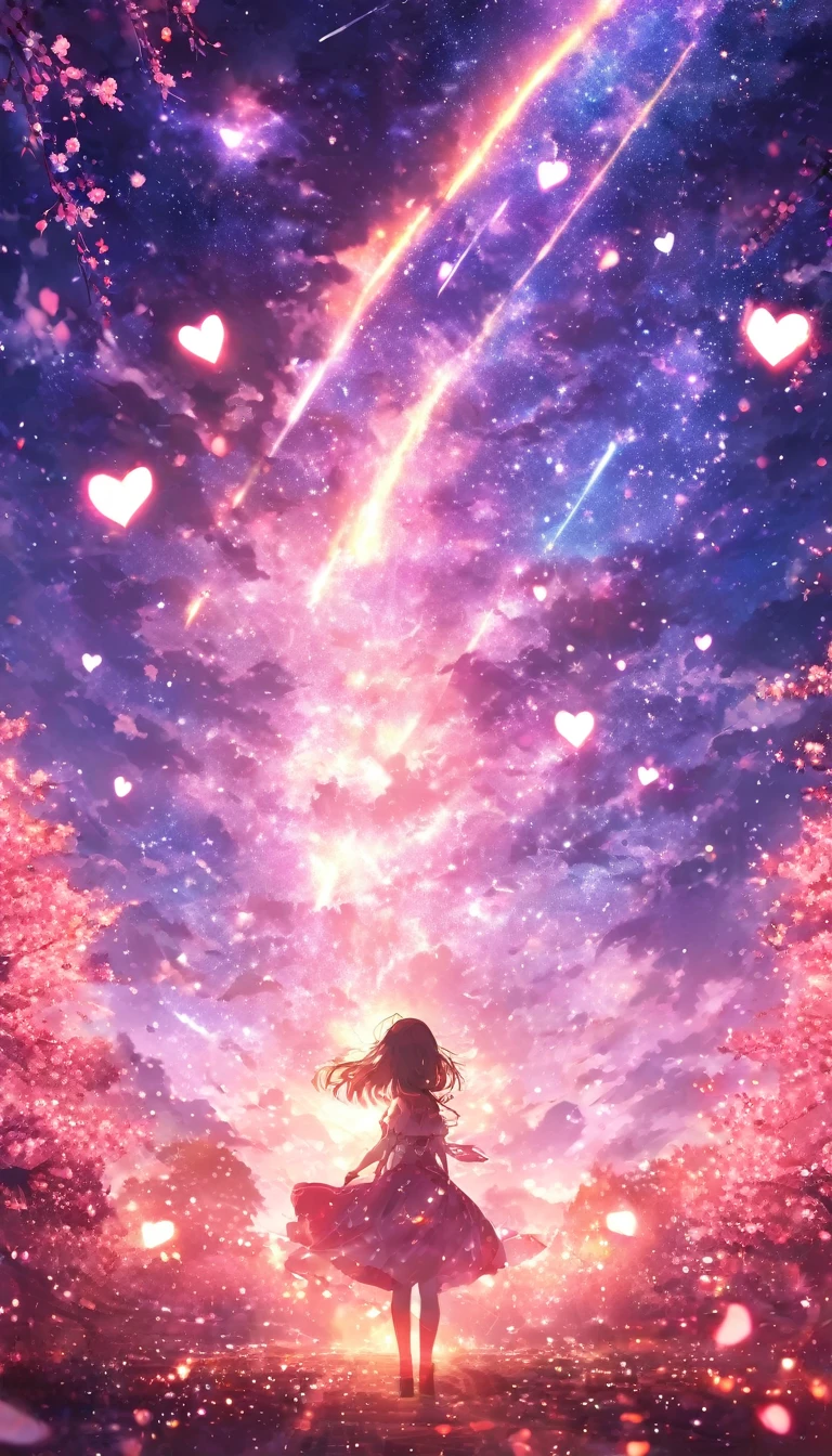 masterpiece, Concept Art, Panorama, in the center, shape, Wide Shot, garden, night, (meteor), Space galaxy background, (Great composition, Epic scale), Dynamic Lighting, Bright colors, cherry blossoms,1 Girl,Glowing light particles、heart、heart、love affair