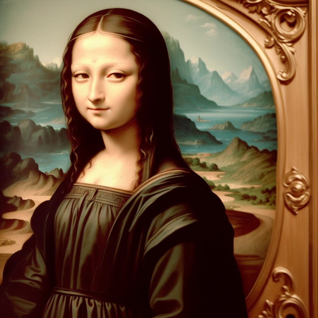 "Mona Lisa, modern art, hyper-realistic, human, photograph, incredibly high-quality photo, astonishing artwork, philosophical message, embedding contemporary darkness and issues, smartphone-addicted Mona Lisa, beauty, evokes viewer's imagination, grand background, live-action version of Mona Lisa, world's most beautiful woman, barefoot, colorful dress, groundbreaking dress, futuristic dress."