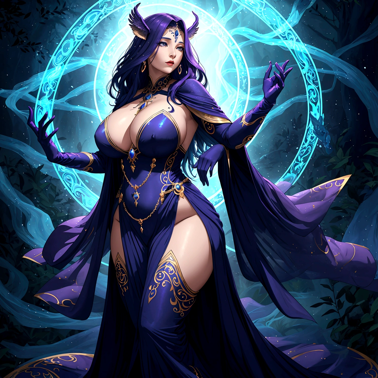 (best quality,4k,highres,masterpiece:1.2),ultra-detailed,(realistic:1.37) A mature curvaceous Malaysian woman with her age at 40, dressed in a hijab that covers all of her hair, is standing in the center of a mystical scene. She is wearing a beautiful silk magic gown that shimmers with an otherworldly glow. The gown flows gracefully around her figure, accentuating her curves and adding an air of elegance to her presence. The woman is a witch, strong and knowledgeable in the mystic arts. She stands confidently with her hands raised, as if channeling her magical powers. Around her, a magic circle adorns the ground with intricate symbols and glowing sigils. The circle is made from a combination of runes and arcana, pulsating with energy in vibrant colors of blues and purples. As the woman continues her summoning, a mythical monster starts to materialize from within the magic circle. The creature is a magnificent being, towering with a majestic presence. Its body is covered in shimmering scales, reflecting the light around it in a mesmerizing display. The creature's form is a combination of various animals, with wings of an eagle, the tail of a serpent, and the head of a lion. The scene is bathed in an ethereal light, reminiscent of moonlight casting an enchanting glow. The soft illumination illuminates the woman's face, revealing a calm and focused expression. Her eyes emit a glimmer of magic, while her lips are curved in determination. The background is an enchanted forest, with towering trees reaching towards the sky. The forest is filled with vibrant foliage, casting shadows and adding layers of depth to the overall composition. The air is filled with an aura of mystery and anticipation, as if the entire world holds its breath in awe of the imminent manifestation. The color palette of the scene is rich and vivid, with deep shades of blues and purples dominating the overall tone. The contrasting warm hues of the woman's gown provide a beautiful balance and creat