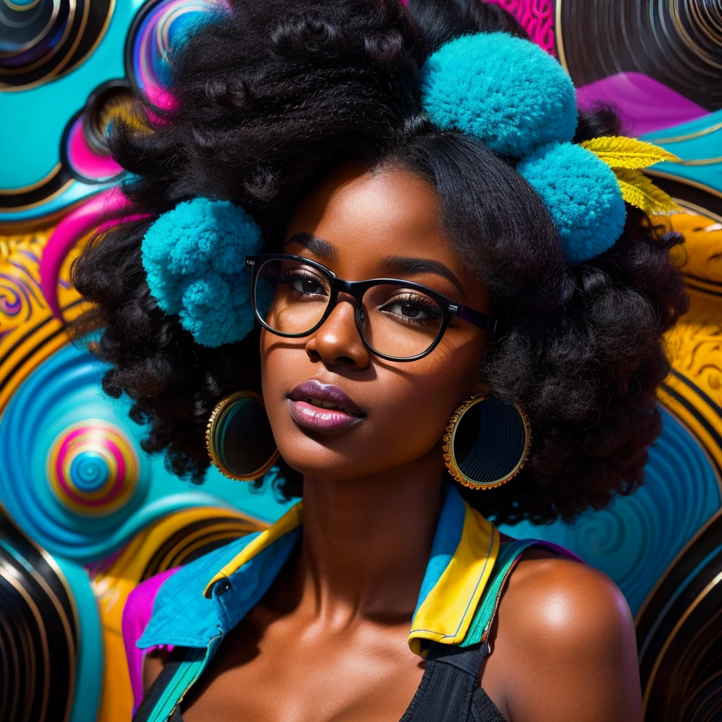 Beautiful black woman with afro hair for advertisement of stylish blue-framed glasses, swirly vibrant colors, hyper realistic art in 4k, hyper realistic hair