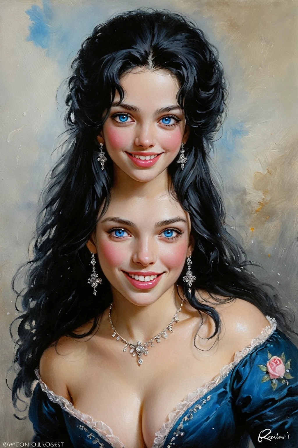 Victorian French Women of the 18th century, very detailed Bright Black hair, Pink lips, Delicate and sexy smile, without showing teeth, very detailed skin, Nice features, Wadim Kashin, James Gurney, ink, Splash Art, Amazing beauty, Royo, after sexing, Super detailed splash art modern European oil ink painting, big Gorgeous chests, Gorgeous Body, oil painting, very detailed Bright Diamond Blue eyes, Blush, Greg Rutowski, no extra head:1.4.