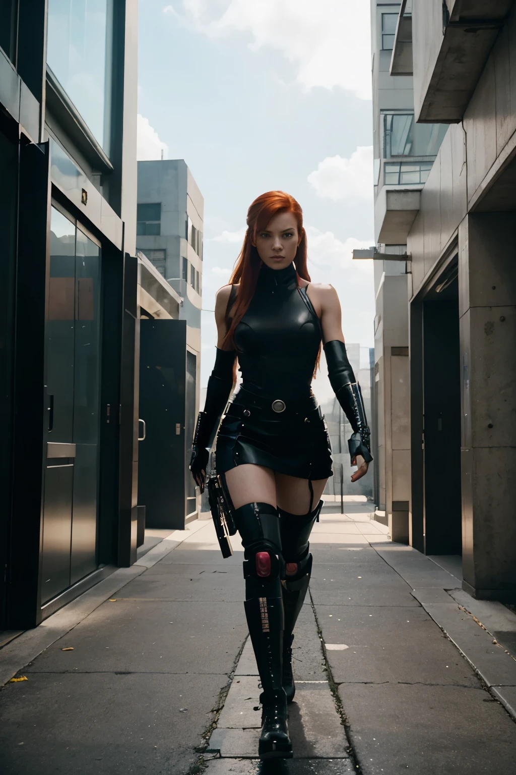 In the style of animatrix, cyberpunk, sci-fi, character, female. A beautiful redhead student has mutant powers, she is powerful and walks empowered in the middle of a large university.
