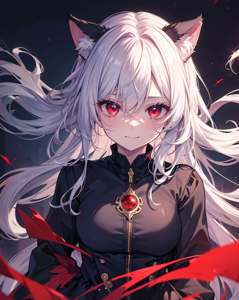 1girl, portrait of a fallen angel, perfect red eyes crying blood, happy devil expression like in the famous art "fallen angel" of Alexander cabanel, 8k hdr high definition, Anime style, cat ears, Recent scar on one eye, licking the blood from The flap of the mouth with the tongue, black and gold hair, scenery, Painting style, aesthetic, handsome and damn, vampire angel,smile