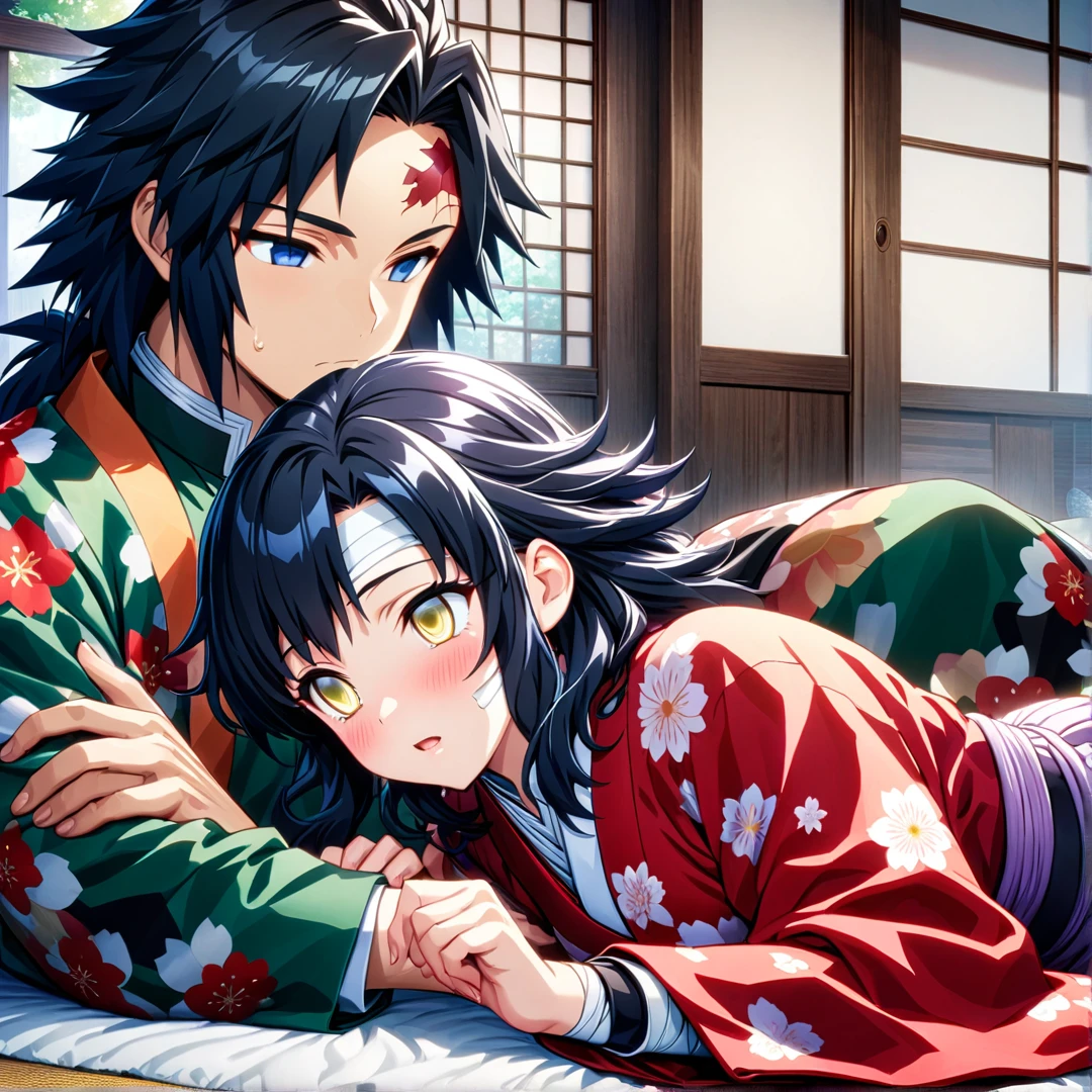 Ultra detailed, high resolution, absurd, HDR, masterpiece, anime man and woman, beautiful woman (with long white hair with deep red highlights, woman (with yellow eyes), haori, wearing anime uniform demon slayer body, Kimetsu No Yaiba, handsome Tomioka Giyu, Hashira, Tomioka lying hurt in bed, Tomioka has a bandage on his forehead, couple, Japanese house, best quality, extremely detailed face, anime, the girl is looking at Tomioka, she stays by his side