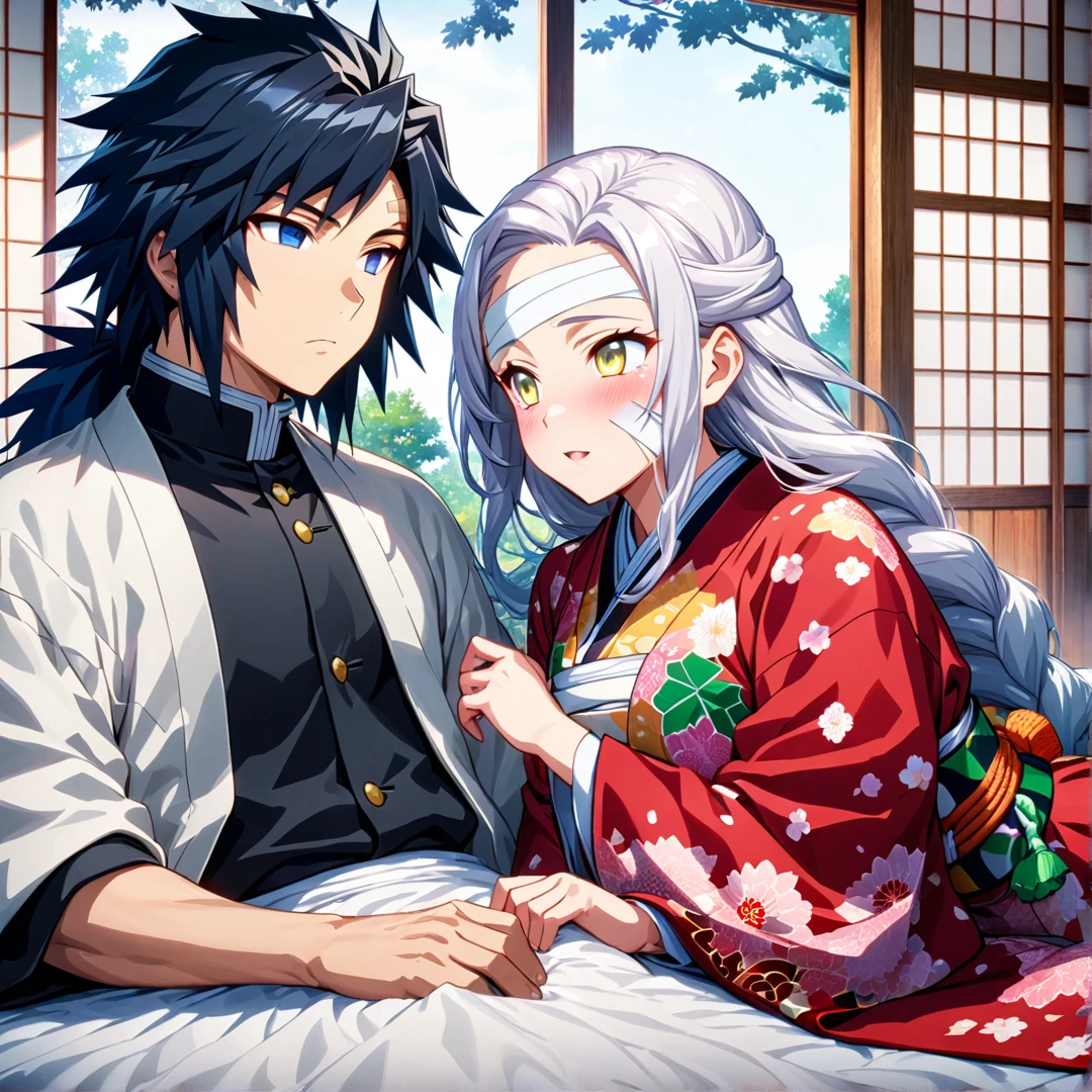 Ultra detailed, high resolution, absurd, HDR, masterpiece, anime man and woman, beautiful woman (with long white hair with deep red highlights, woman (with yellow eyes), haori, wearing anime uniform demon slayer body, Kimetsu No Yaiba, handsome Tomioka Giyu, Hashira, Tomioka lying hurt in bed, Tomioka has a bandage on his forehead, couple, Japanese house, best quality, extremely detailed face, anime, the girl is looking at Tomioka, she stays by his side