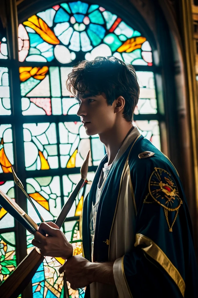 Harry Potter stands in the center of a majestic stained glass window, shining with a thousand colorful fragments. Dressed in a tattered traveling robe fluttering around him, he clutches a magic wand tightly, his fingers drumming nervously on the shaft.
The intense gaze of his concentrated emerald eyes is directed into the distance, searching for a hidden threat. The jaws are clenched, the eyebrows are drawn down to the bridge of the nose in an expression of determination. Harry's posture radiates readiness for battle: legs spread shoulder-width apart, arms bent at the elbows, like a boxer ready to strike.
The legendary Lightning Scar hovers over his head, shining with a reminder of his past and the battle that still awaits him ahead. The fragments of the stained glass window catch the light and cast colorful flashes on the figure of Harry, turning him into a symbol of hope and courage.
He stands as the personification of goodness, ready to fight the evil that threatens the entire magical world.