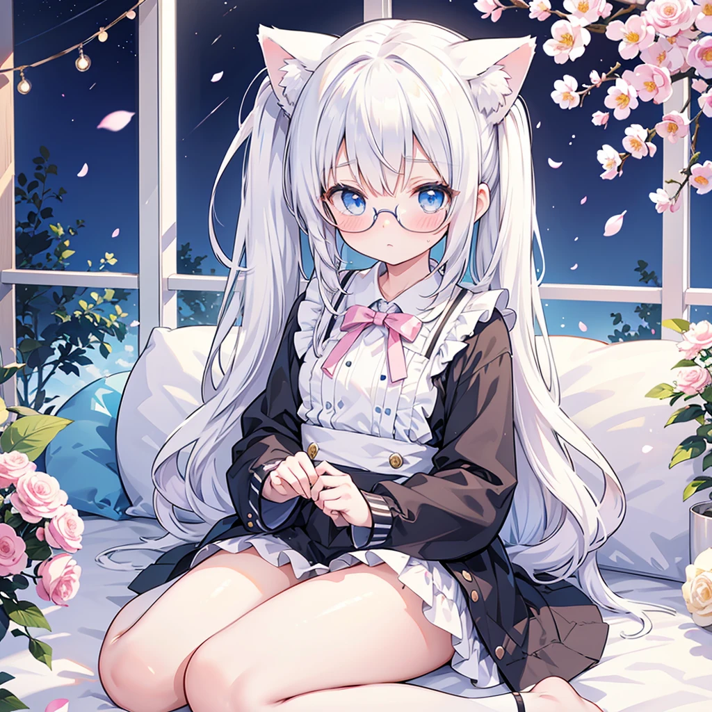 adult anime girl, white hair pigtails, ribbons, blushing, blue eyes, white cat ears, 8k, high res, 1 girl, good lighting, fine detail, rob, glasses, (masterpiece), perfect face, best quality, looking at view, flowers, petals, full body thick, sitting