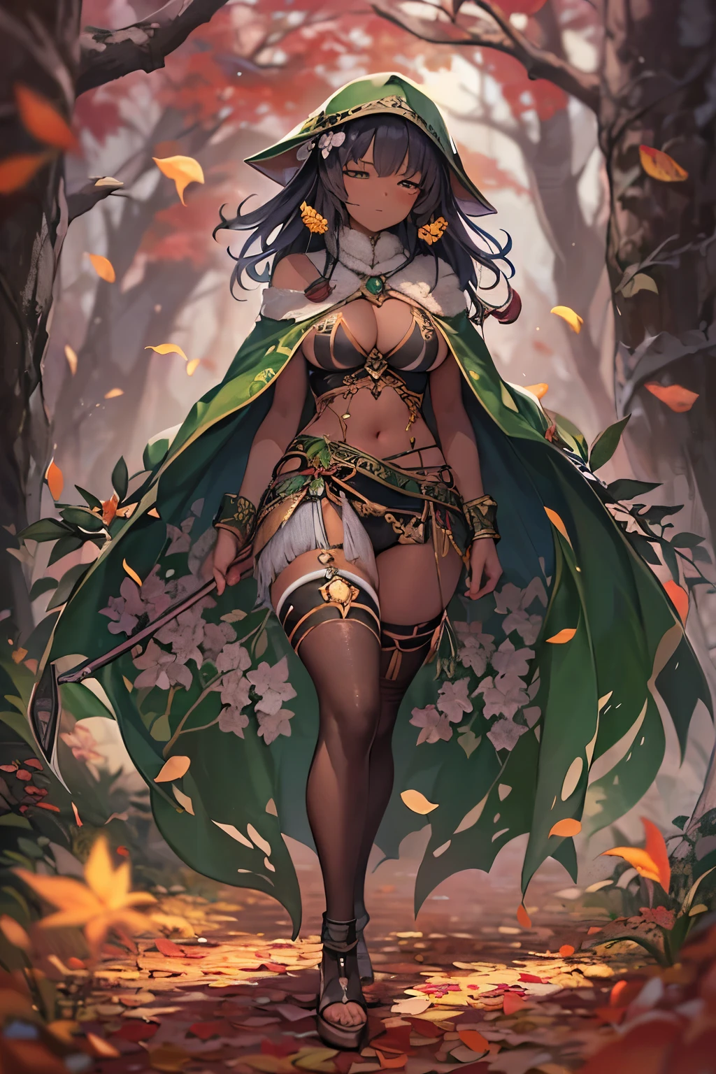 fantasy, 1forest_elemental_girl, (dark_skin)0.9, (using_leaves_clothes, green_leaves_covered_breasts, leaves_covered_pussy),large_breasts, walking, (smile, sleepy)+, medium_hair, navel, oil, (winding_vine_around_torso)++, forest_background, leaves_headgear, green_leaves_cape,armpits, spread_arms, large_staff, thighhighs, plump,