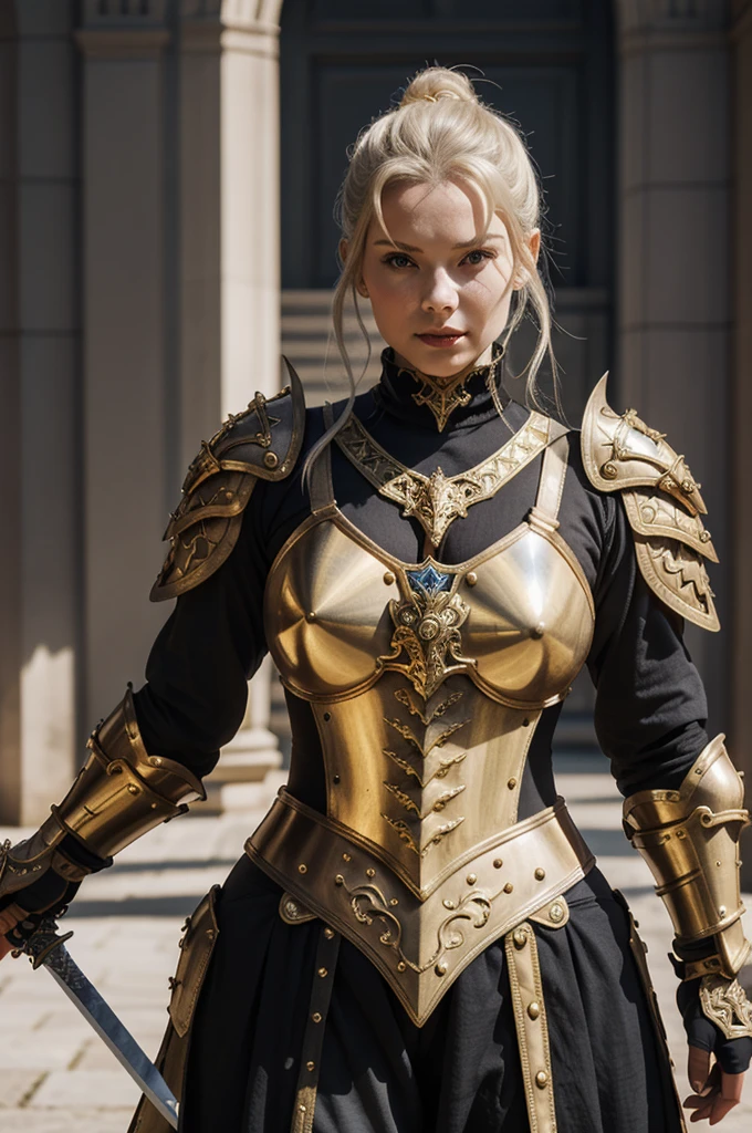 a close up of a woman in armor with a sword, stunning armor, wearing fantasy armor, very stylish fantasy armor, gold heavy armor. dramatic, beautiful armor, fantasy armor, black and gold armor, gothic armor, wearing ornate armor, intricate armour costumes, female armor, ornate gothic armor, ornate , wearing louis vuitton armor, girl in knight armor