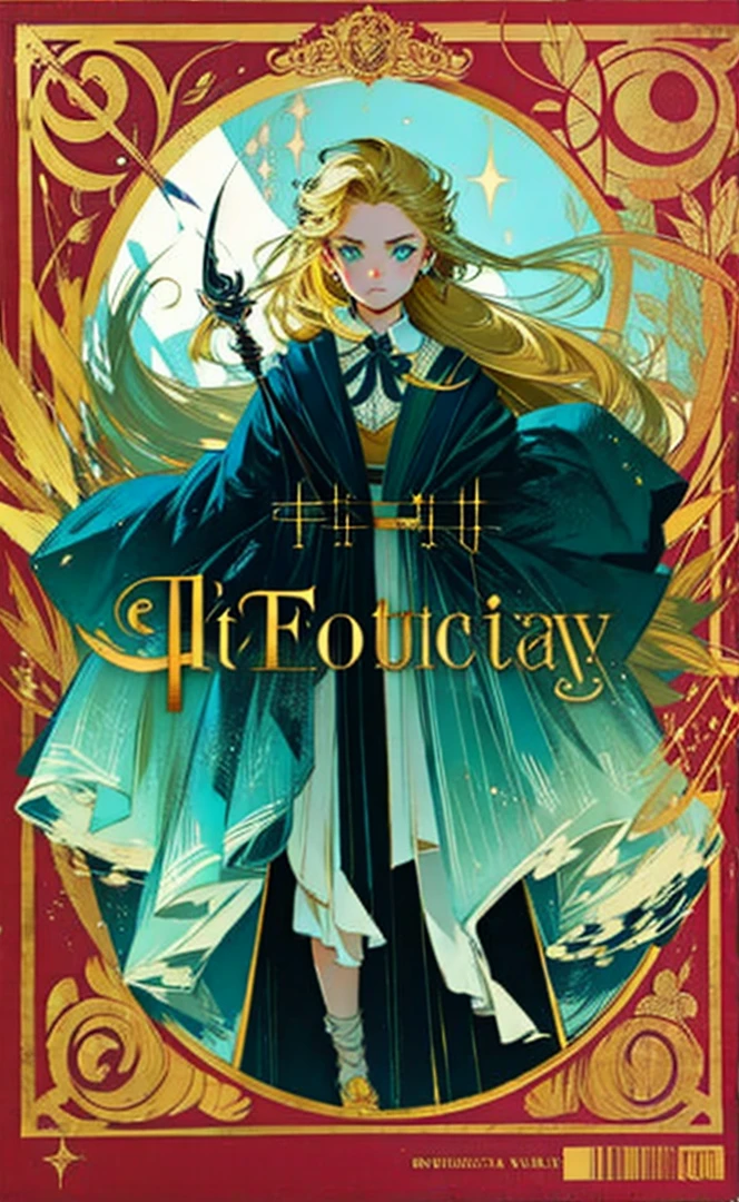 Do it in this style of the image but do it without any title, the image just the figure and make a bigger girl at the bottom make a boy and one that will also be the characters but the main one will be a blonde girl with long hair with a striking look and with a wand inspire Harry Potter but without any letters without any letters just the image nothing written just the image nothing written