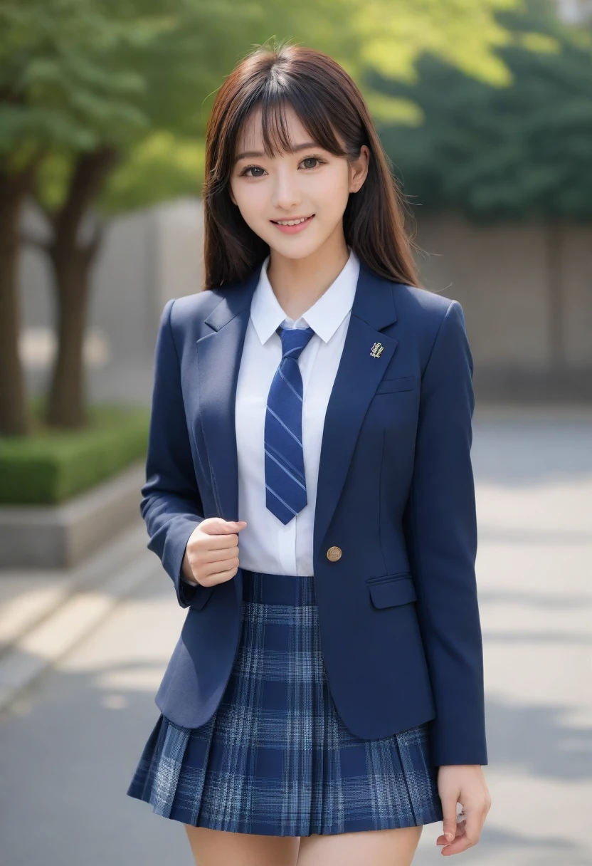 8K, Ultra-high resolution, Highest quality, masterpiece, 三分割法によるphotograph,Surreal, photograph, 1 Girl, (:1.3), pretty girl, Cute face, Beautiful eyes in every detail, 細かくdetailedに,masterpiece,, One Girl:1.2, Japan Female Announcer,whole body,((very small head:1.3)),Center-parted bangs,amount,Black Hair,Long Hair,Iris,Gorgeous eyes,smile,((Toned body,Slender body,skinny)),(school uniform、Dark blue blazer jacket、Navy blue tie、Grey plaid pleated mini skirt),Glowing Skin,Shiny skin,Beautiful leg line beauty,Urban area,street tree,Full of sex appeal,Sensual,屈託のないsmile,Heal the heart,Looking at the audience、beauty,Long neck、Laugh a little、Please close your mouth and laugh、(((Ideal body type))),A cup small breasts :2,、Portraiture:2、Perfect Anatomy、鮮明なdetailed、detailed、Surreal、Light and shadow,Strong light