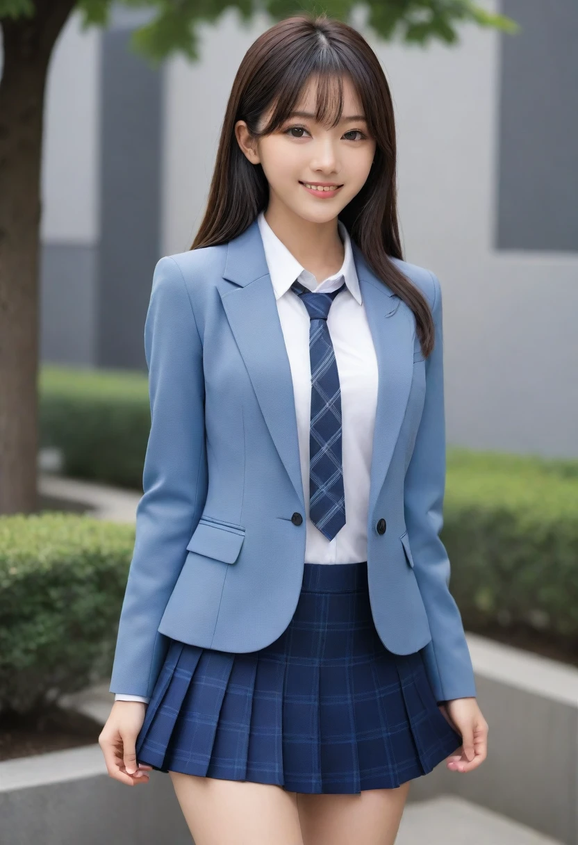 8K, Ultra-high resolution, Highest quality, masterpiece, 三分割法によるphotograph,Surreal, photograph, 1 Girl, (16 years old:1.3), pretty girl, Cute face, Beautiful eyes in every detail, 細かくdetailedに,masterpiece,, One Girl:1.2, Japan Female Announcer,whole body,((very small head:1.3)),Center-parted bangs,amount,Black Hair,Long Hair,Iris,Gorgeous eyes,smile,((Toned body,Slender body,skinny)),(school uniform、Dark blue blazer jacket、Navy blue tie、Grey plaid pleated mini skirt),Glowing Skin,Shiny skin,Beautiful leg line beauty,Urban area,street tree,Full of sex appeal,Sensual,屈託のないsmile,Heal the heart,Looking at the audience、beauty,Long neck、Laugh a little、Please close your mouth and laugh、(((Ideal body type))),A cup small breasts :2,、Portraiture:2、Perfect Anatomy、鮮明なdetailed、detailed、Surreal、Light and shadow,Strong light