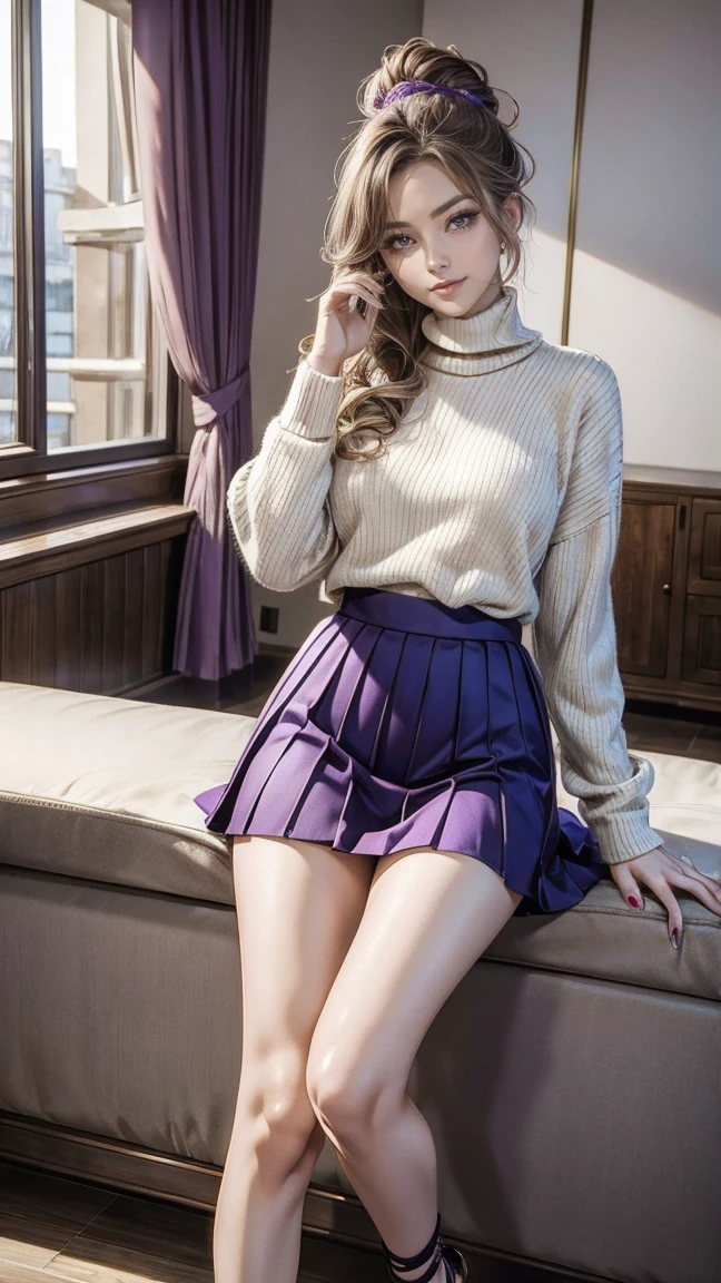 of the highest quality、Masterpiece、ultra high resolution、24 year old white woman、The hair color is brunette and purple gradation color.、Blue eyes、wide、my hair is wavy、updo hair style、SMILE、Slender but well-proportioned female body.、using red nail polish、Wear a turtleneck sweater、wearing a pleated skirt、using pantimedies、Wear high heels、SMILE、I&#39;m in a luxuriously decorated living room