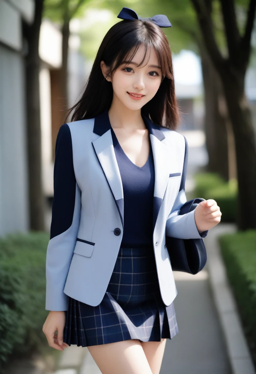 8K, Ultra-high resolution, Highest quality, masterpiece, 三分割法によるphotograph,Surreal, photograph, 1 Girl, (:1.3), pretty girl, Cute face, Beautiful eyes in every detail, 細かくdetailedに,masterpiece,, One Girl:1.2, Japan Female Announcer,whole body,((very small head:1.3)),Center-parted bangs,amount,Black Hair,Long Hair,Iris,Gorgeous eyes,smile,((Toned body,Slender body,skinny)),(school uniform、Dark blue blazer jacket、Navy blue tie、Grey plaid pleated mini skirt),Glowing Skin,Shiny skin,Beautiful leg line beauty,Urban area,street tree,Full of sex appeal,Sensual,屈託のないsmile,Heal the heart,Looking at the audience、beauty,Long neck、Laugh a little、Please close your mouth and laugh、(((Ideal body type))),A cup small breasts :2,、Portraiture:2、Perfect Anatomy、鮮明なdetailed、detailed、Surreal、Light and shadow,Strong light