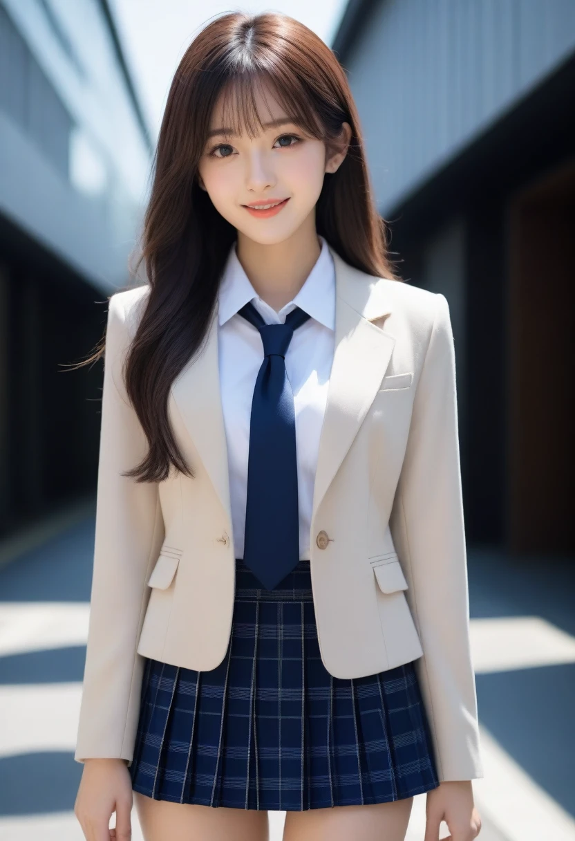 8K, Ultra-high resolution, Highest quality, masterpiece, 三分割法によるphotograph,Surreal, photograph, 1 Girl, (:1.3), pretty girl, Cute face, Beautiful eyes in every detail, 細かくdetailedに,masterpiece,, One Girl:1.2, Japan Female Announcer,whole body,((very small head:1.3)),Center-parted bangs,amount,Black Hair,Long Hair,Iris,Gorgeous eyes,smile,((Toned body,Slender body,skinny)),(school uniform、Dark blue blazer jacket、Navy blue tie、Grey plaid pleated mini skirt),Glowing Skin,Shiny skin,Beautiful leg line beauty,Urban area,street tree,Full of sex appeal,Sensual,屈託のないsmile,Heal the heart,Looking at the audience、beauty,Long neck、Laugh a little、Please close your mouth and laugh、(((Ideal body type))),A cup small breasts :2,、Portraiture:2、Perfect Anatomy、鮮明なdetailed、detailed、Surreal、Light and shadow,Strong light