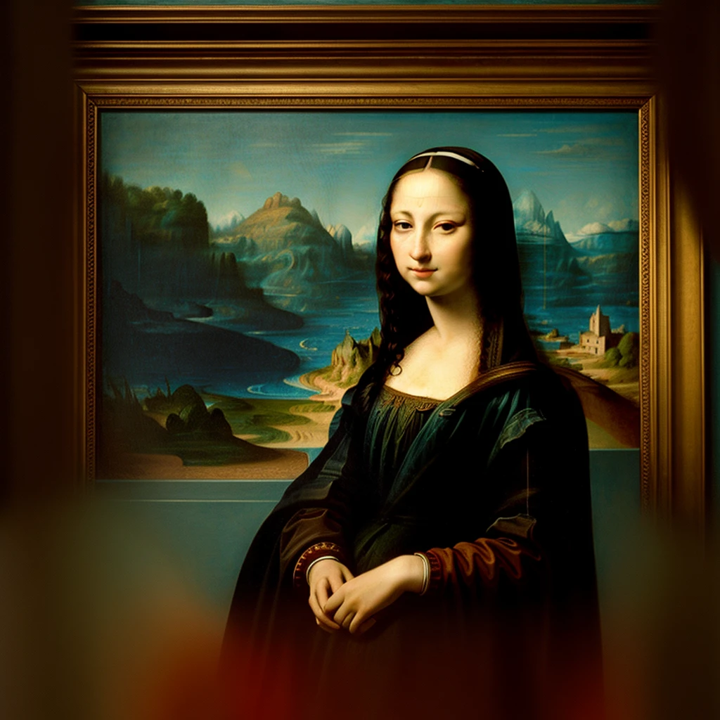 "Mona Lisa, modern art, hyper-realistic, human, photograph, incredibly high-quality photo, astonishing artwork, philosophical message, embedding contemporary darkness and issues, smartphone-addicted Mona Lisa, beauty, evokes viewer's imagination, grand background, live-action version of Mona Lisa, world's most beautiful woman, barefoot, colorful dress, groundbreaking dress, futuristic dress."