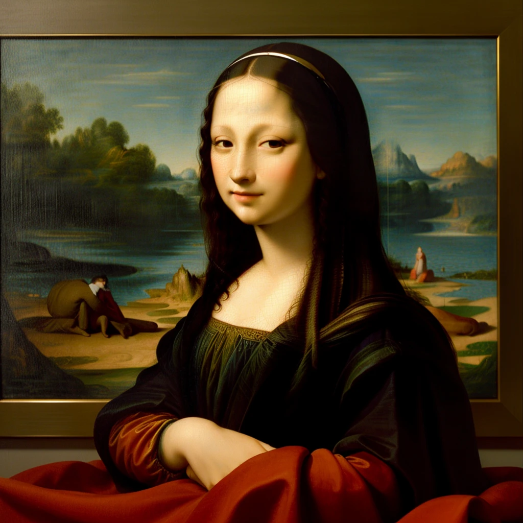 "Mona Lisa, modern art, hyper-realistic, human, photograph, incredibly high-quality photo, astonishing artwork, philosophical message, embedding contemporary darkness and issues, smartphone-addicted Mona Lisa, beauty, evokes viewer's imagination, grand background, live-action version of Mona Lisa, world's most beautiful woman, barefoot, colorful dress, groundbreaking dress, futuristic dress."