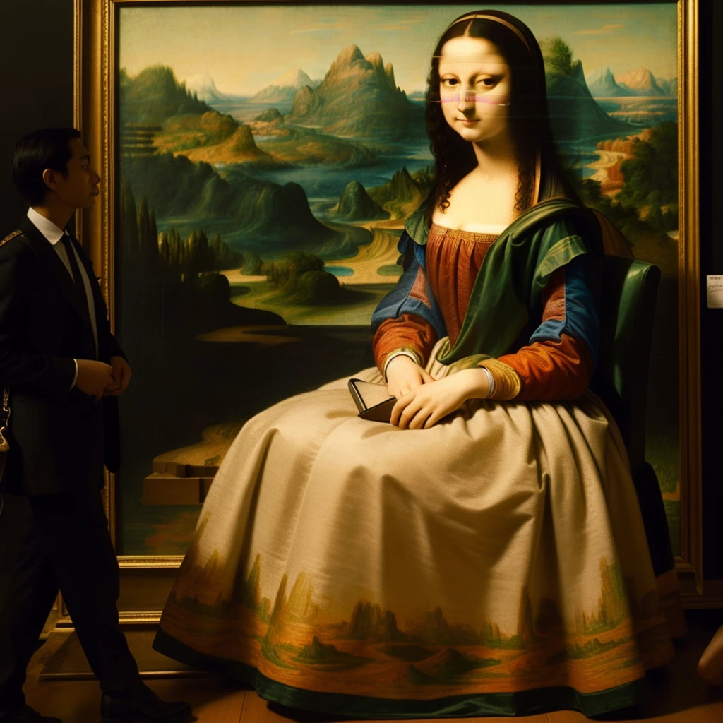 "Mona Lisa, modern art, hyper-realistic, human, photograph, incredibly high-quality photo, astonishing artwork, philosophical message, embedding contemporary darkness and issues, smartphone-addicted Mona Lisa, beauty, evokes viewer's imagination, grand background, live-action version of Mona Lisa, world's most beautiful woman, barefoot, colorful dress, groundbreaking dress, futuristic dress."