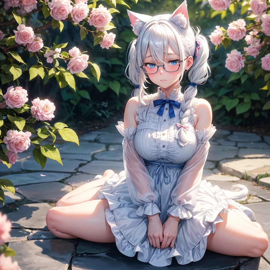 adult anime girl, white hair pigtails, ribbons, blushing, blue eyes, white cat ears, 8k, high res, 1 girl, good lighting, fine detail, rob, glasses, (masterpiece), perfect face, best quality, looking at view, flowers, petals, full body thick, sitting