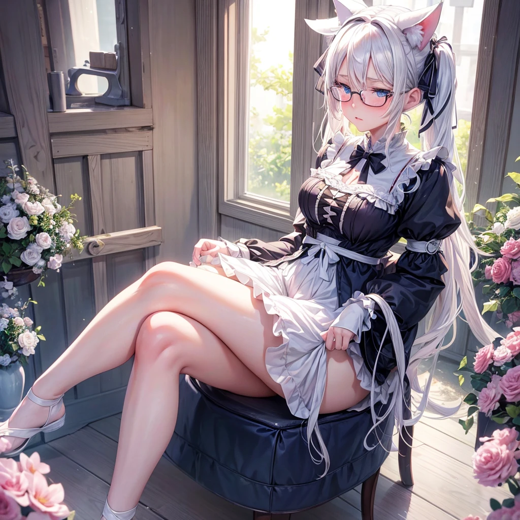 adult anime girl, white hair pigtails, ribbons, blushing, blue eyes, white cat ears, 8k, high res, 1 girl, good lighting, fine detail, rob, glasses, (masterpiece), perfect face, best quality, looking at view, flowers, petals, full body thick, sitting